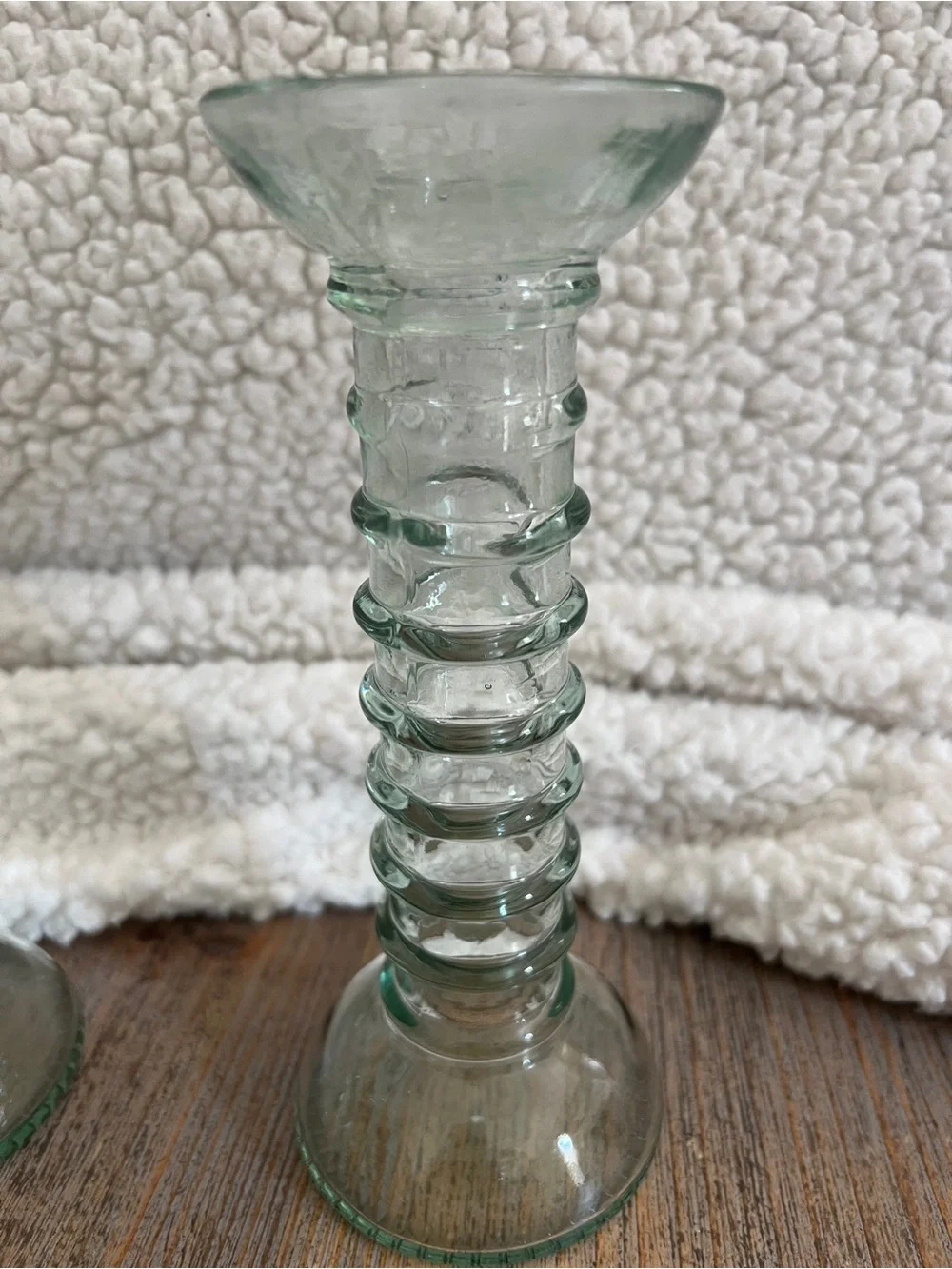 Set 2 Recycled Glass Ribbed Candlestick Holders Green/Blue Aqua 7.25”